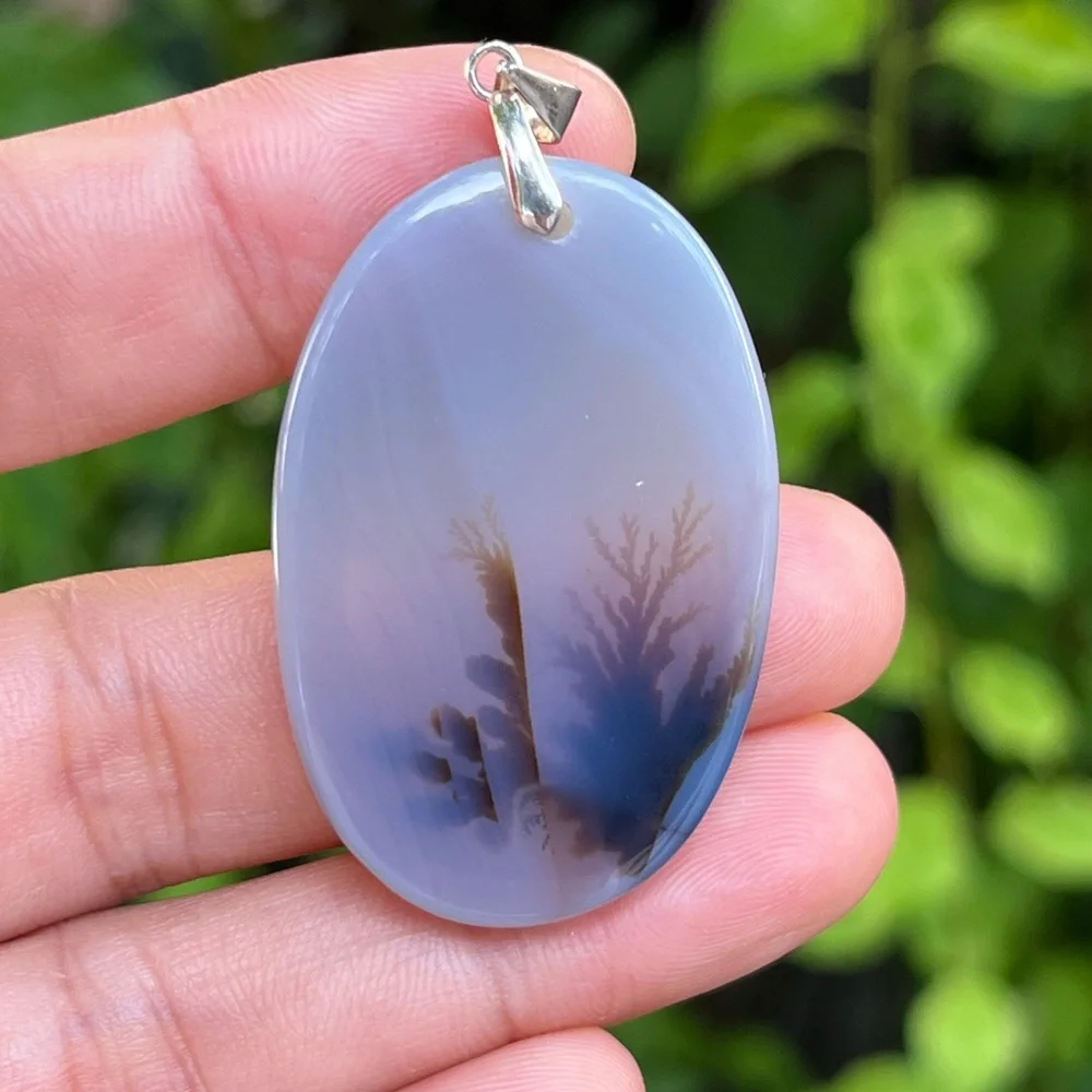 Sterling silver‎ oval shape dendritic tree agate pendant 1277